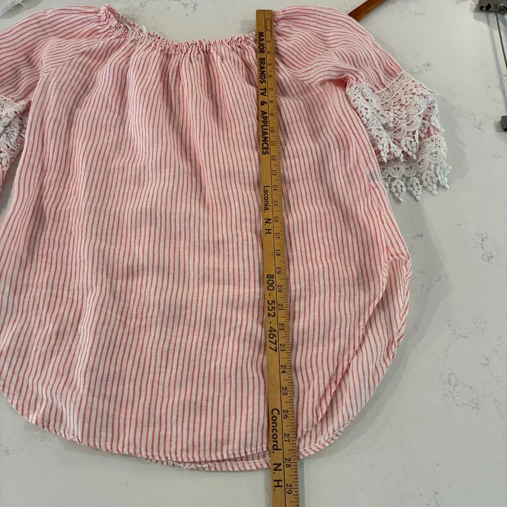 Saks Fifth Ave Top S Stripe Linen Off Shoulder Lace Boho Romantic Italy Cottage - Picture 6 of 9
